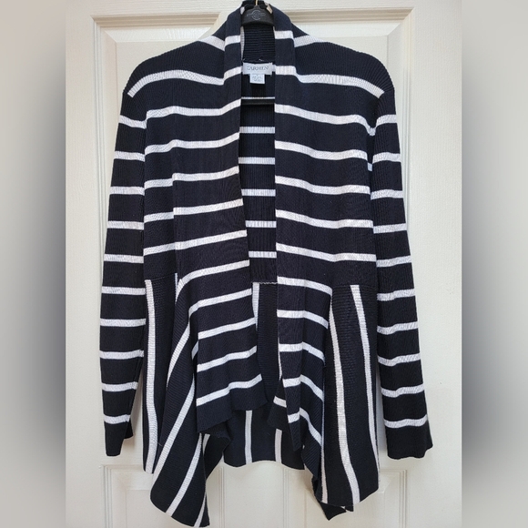 Carmen Marc Valvo Rib Knit Striped Open Peplum Style Cardigan Size Medium - Picture 1 of 3